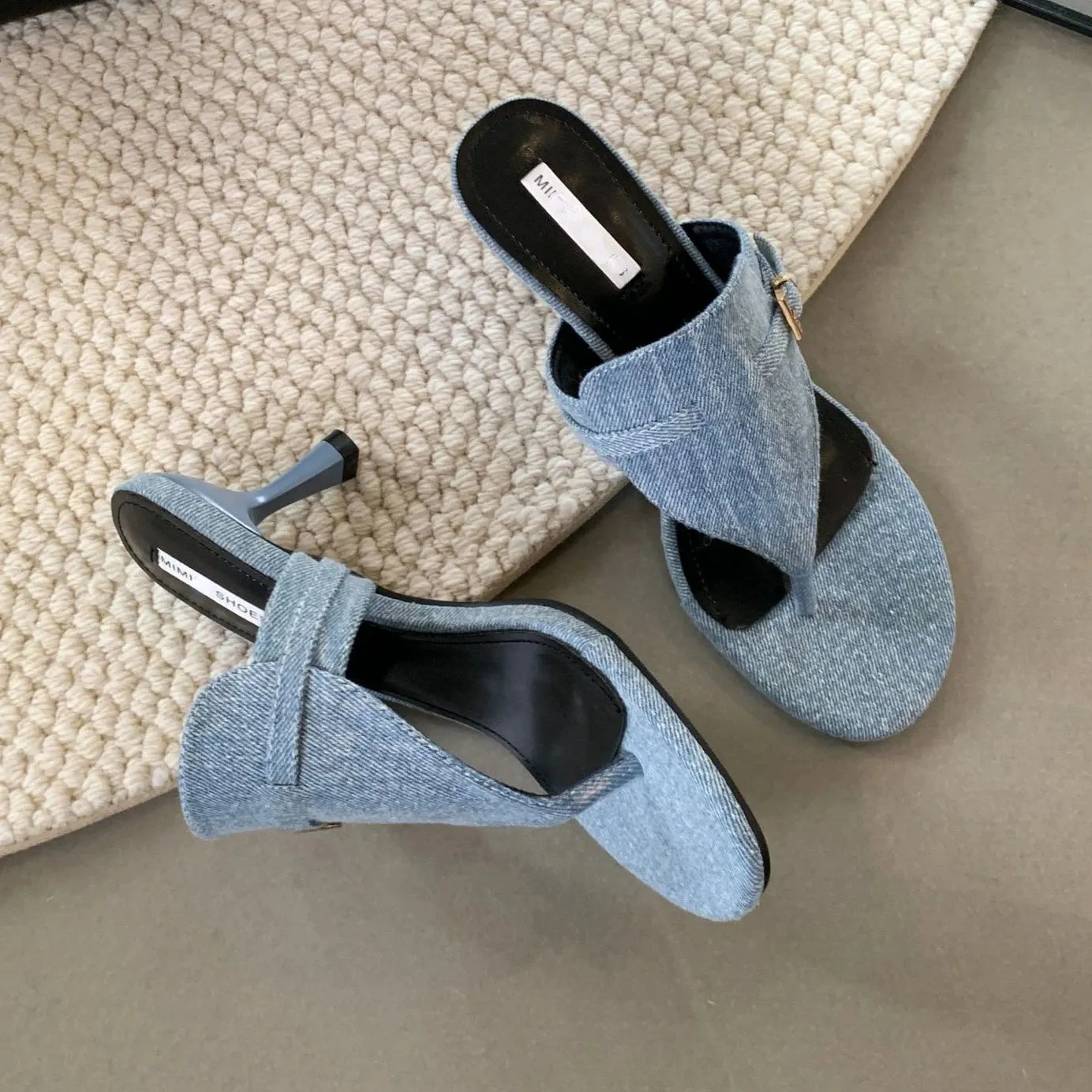 Amozae-Cowboy Heeled Slippers Women Fashion Designer Sandals Female Round Head Open Toe Summer Stiletto Heel Jeans Flip Flops Women