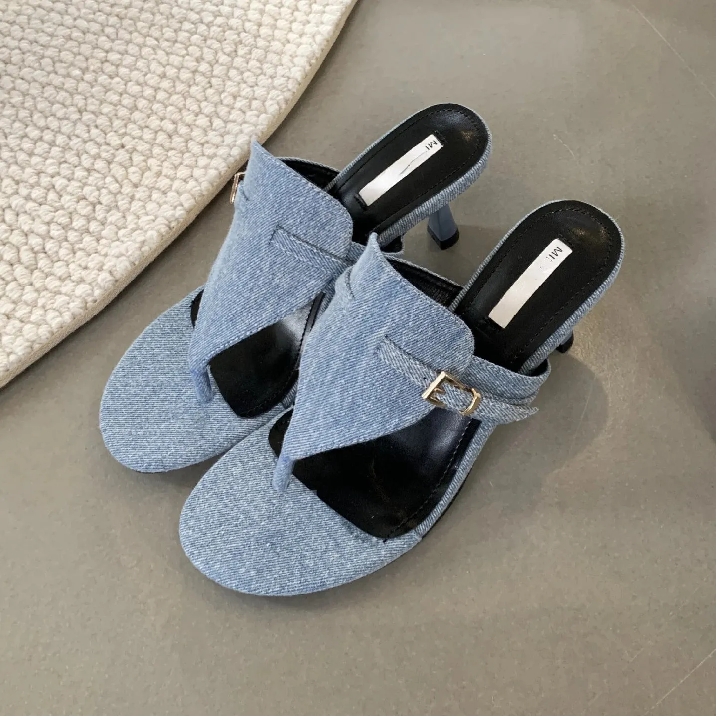 Amozae-Cowboy Heeled Slippers Women Fashion Designer Sandals Female Round Head Open Toe Summer Stiletto Heel Jeans Flip Flops Women