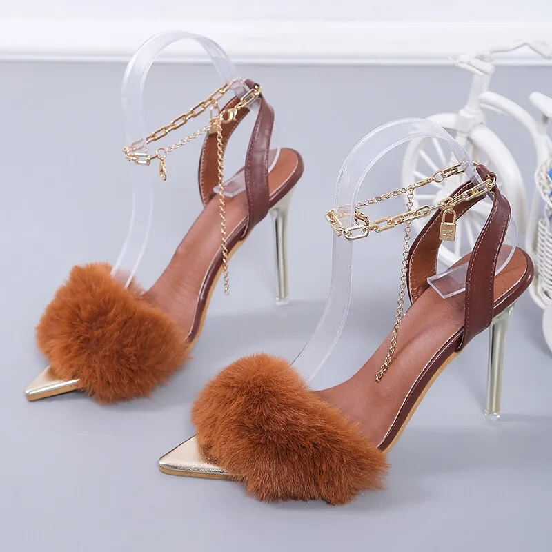 Amozae Plus Size 43   Pointed Toe Feather High Heel Sandals Decoration Metal Chain Stiletto Nightclub Women Shoes Open Toe Shoes