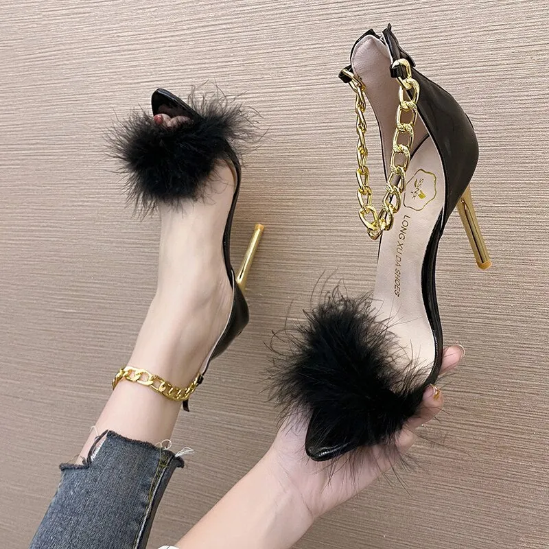 Amozae Plus Size 43   Pointed Toe Feather High Heel Sandals Decoration Metal Chain Stiletto Nightclub Women Shoes Open Toe Shoes