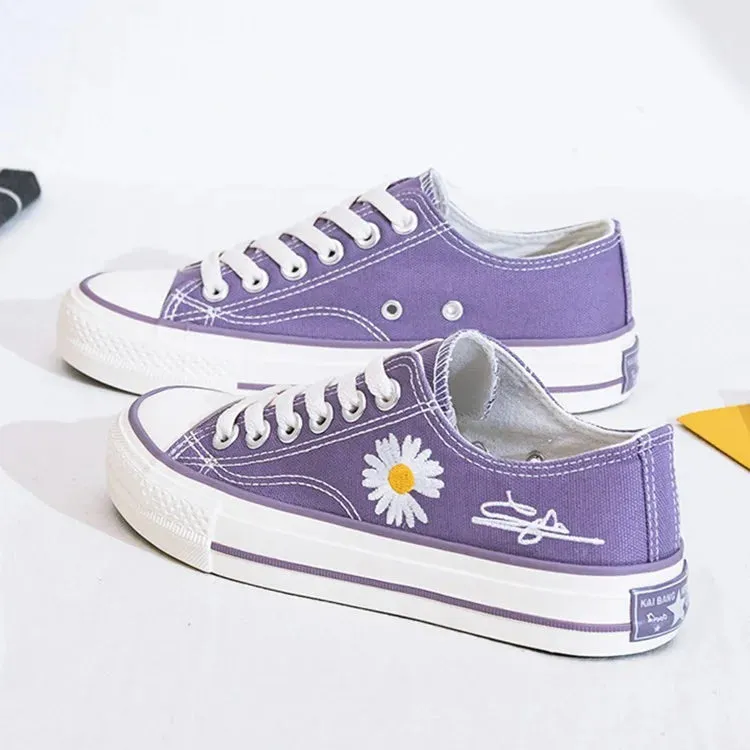 Amozae-Purple Low Cut Daisy Canvas Shoes Versatile Casual Shoes Women Skate Flower Pattern Rubber Sole Korean Style