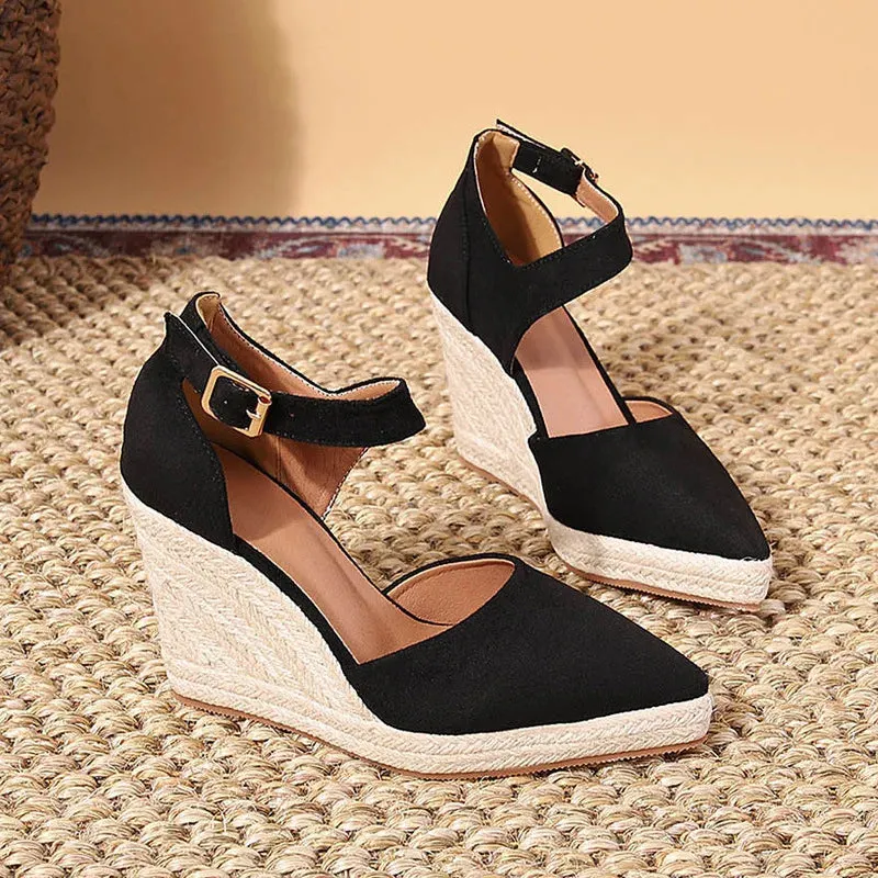 Amozae-Suede Wedge High Heels Women Comforts Shallow Pointed Elegant Womens Shoes Violet Twine Weaving Platform Shoes Female Pumps