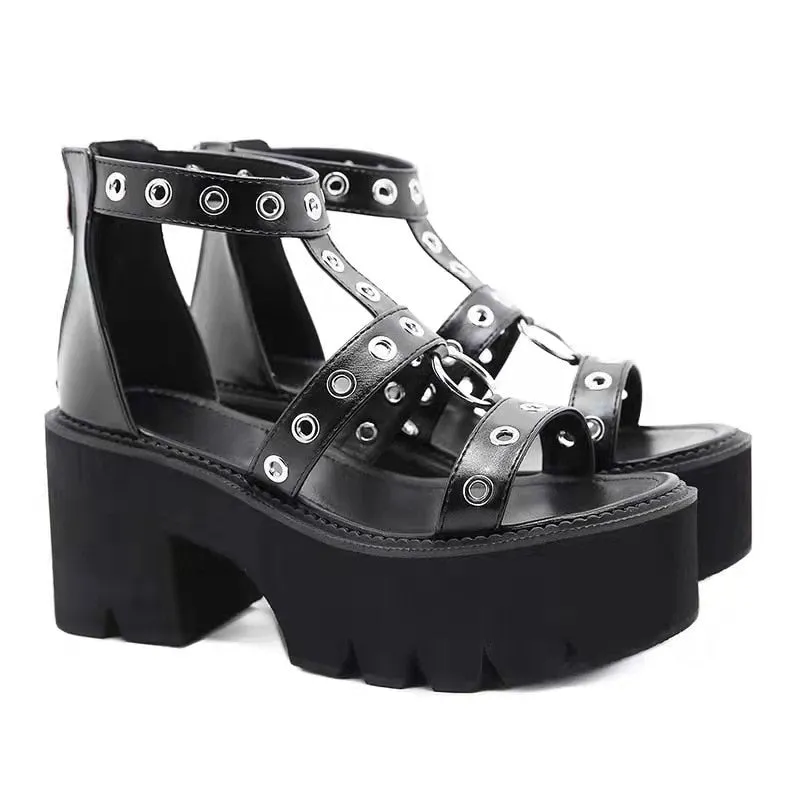 Amozae-  Summer Women Platform Sandals Metal Ring Cutout High Heels Punk Goth Platform Shoes Ladies Heel Sandalias Sandales Femmes Été