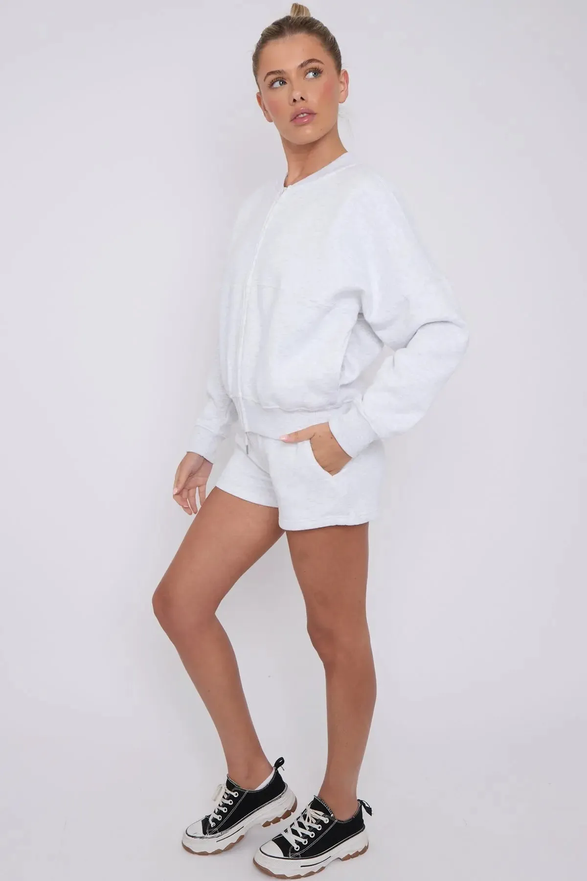 Bomber Neck Zip Through Top and  Shorts Loungewear Set