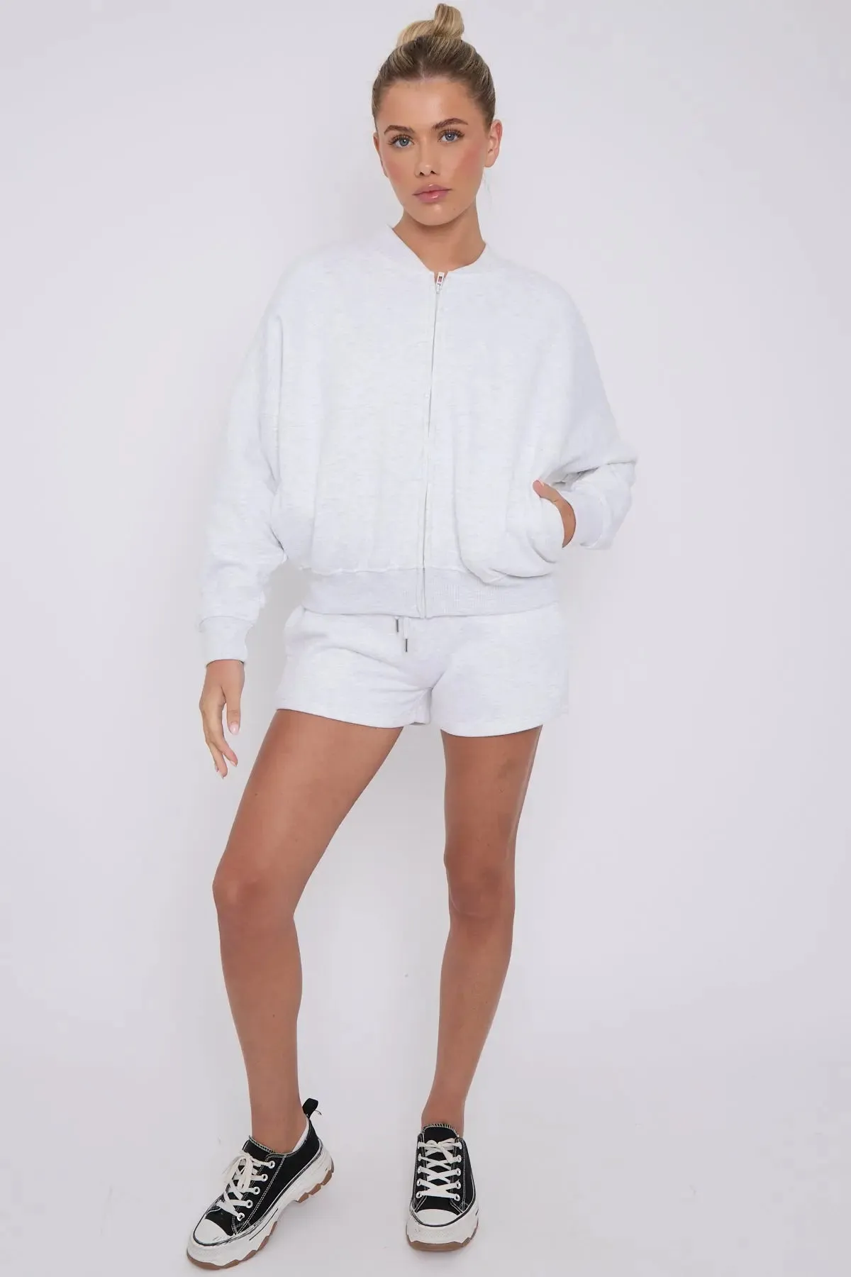 Bomber Neck Zip Through Top and  Shorts Loungewear Set