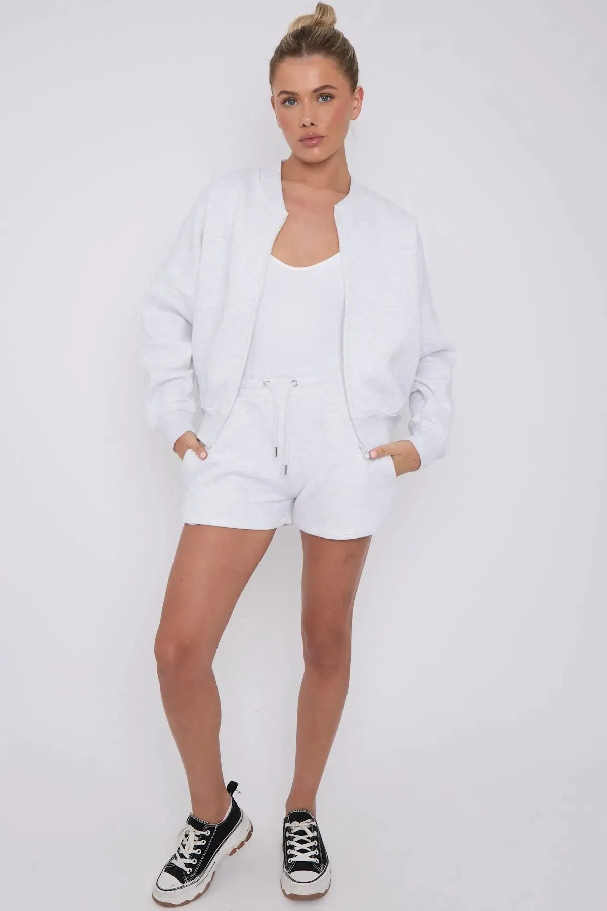 Bomber Neck Zip Through Top and  Shorts Loungewear Set