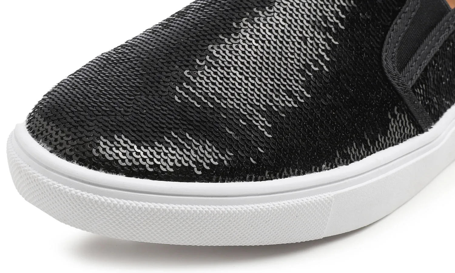 Feversole Women's Black Sequin Slip On Sneaker Casual Flat Loafers