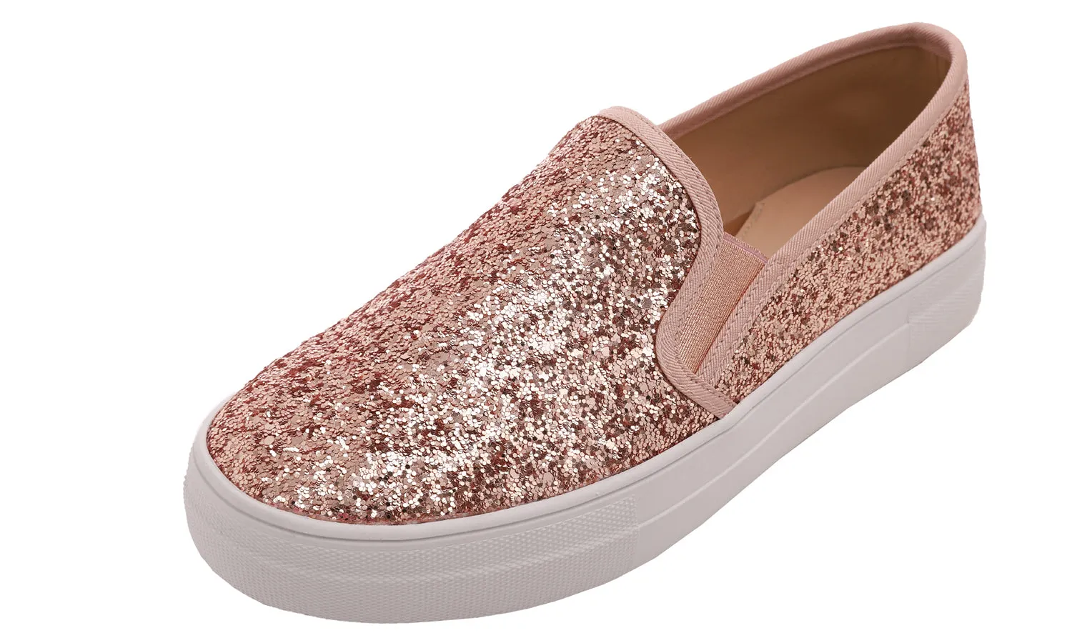 Feversole Women's Glitter Rose Gold Platform Slip On Sneaker Casual Flat Loafers