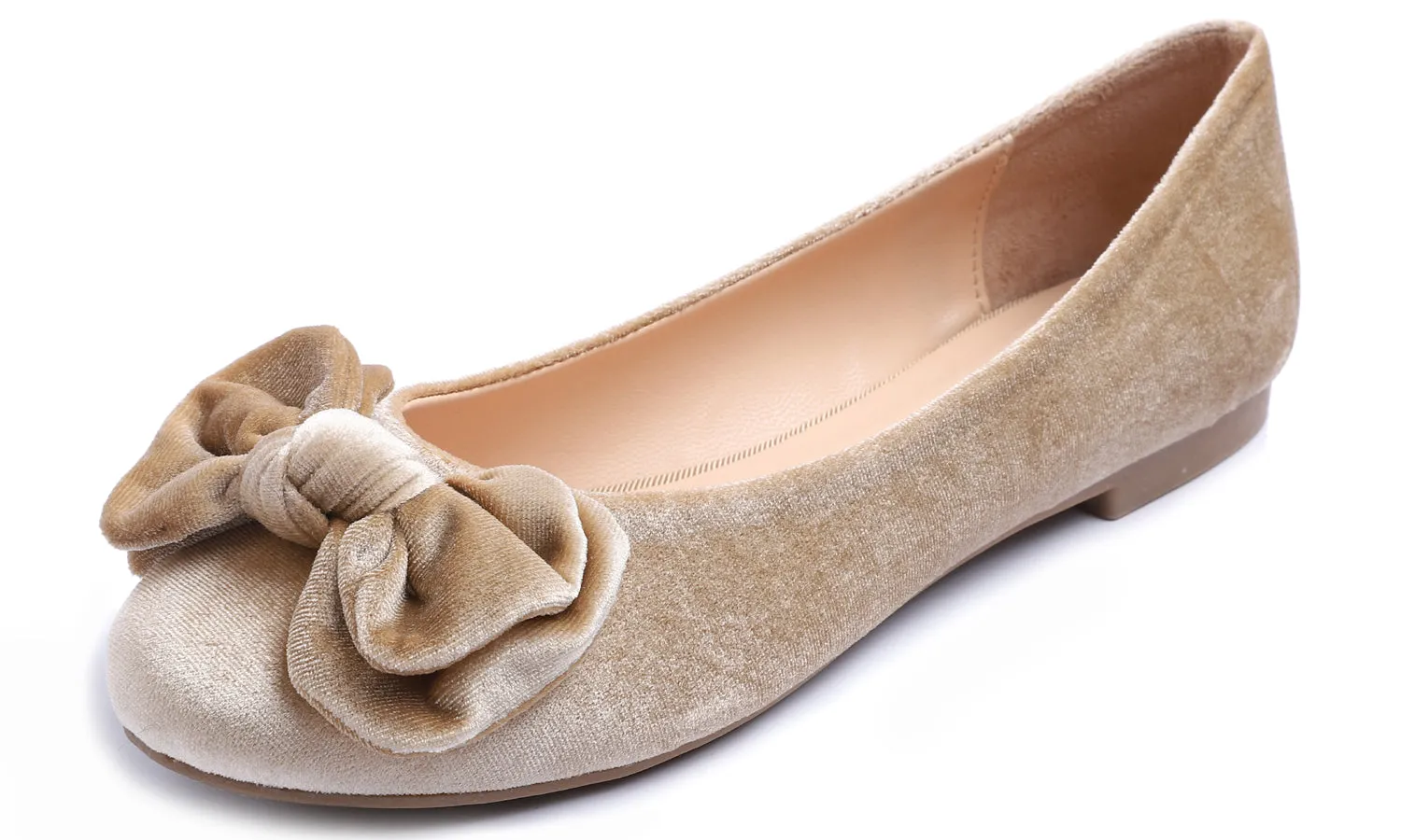 Feversole Women's Round Toe Cute Bow Trim Ballet Flats Beige Gold Velvet Twist Bow