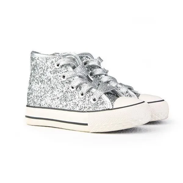 GIRLS SILVER UNISEX TRENDY LACE-UP SNEAKER