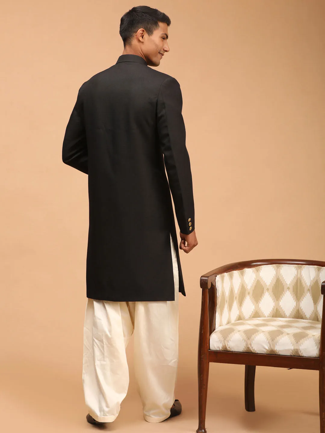 Jashvi MEN'S BLACK SHERWANI WITH PATIALA SET