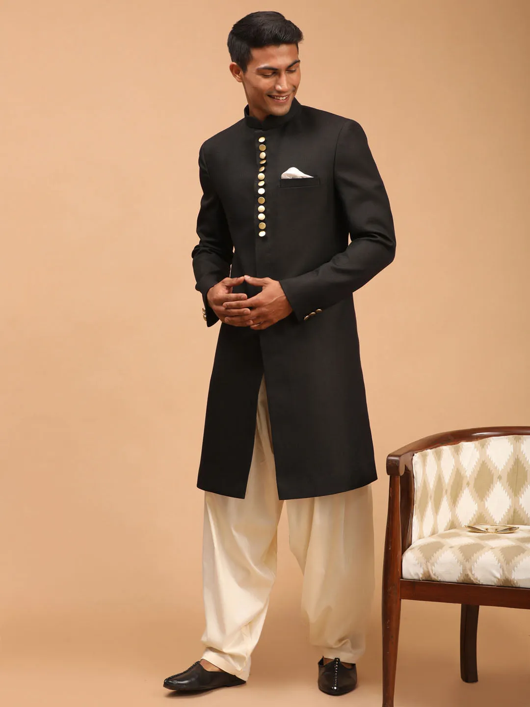 Jashvi MEN'S BLACK SHERWANI WITH PATIALA SET