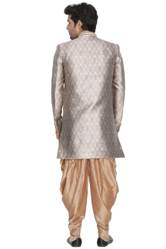 Jashvi Men's Gold Cotton Silk Blend Sherwani Set