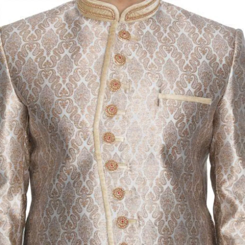 Jashvi Men's Gold Cotton Silk Blend Sherwani Set