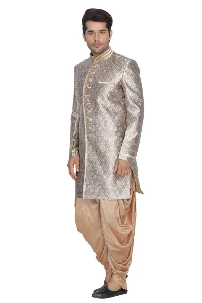 Jashvi Men's Gold Cotton Silk Blend Sherwani Set