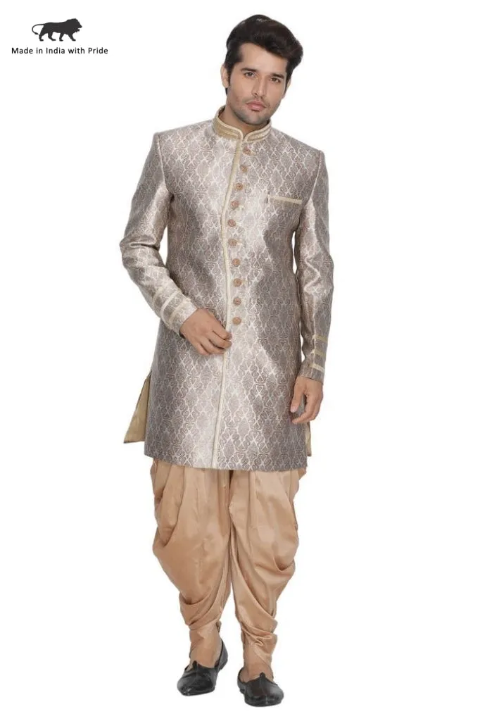 Jashvi Men's Gold Cotton Silk Blend Sherwani Set