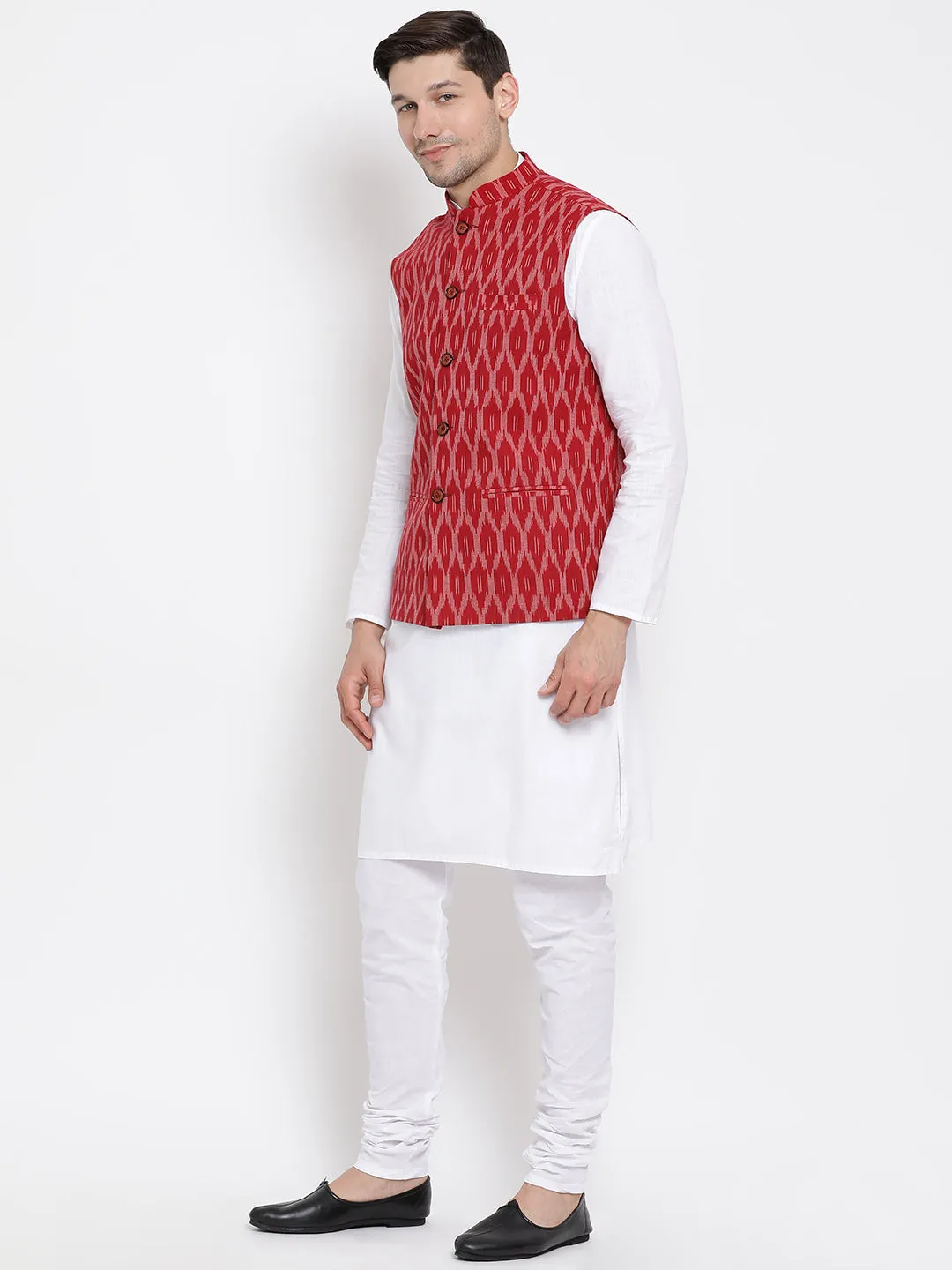 Jashvi Men's White Cotton Kurta, Maroon Ethnic Jacket and Pyjama Set