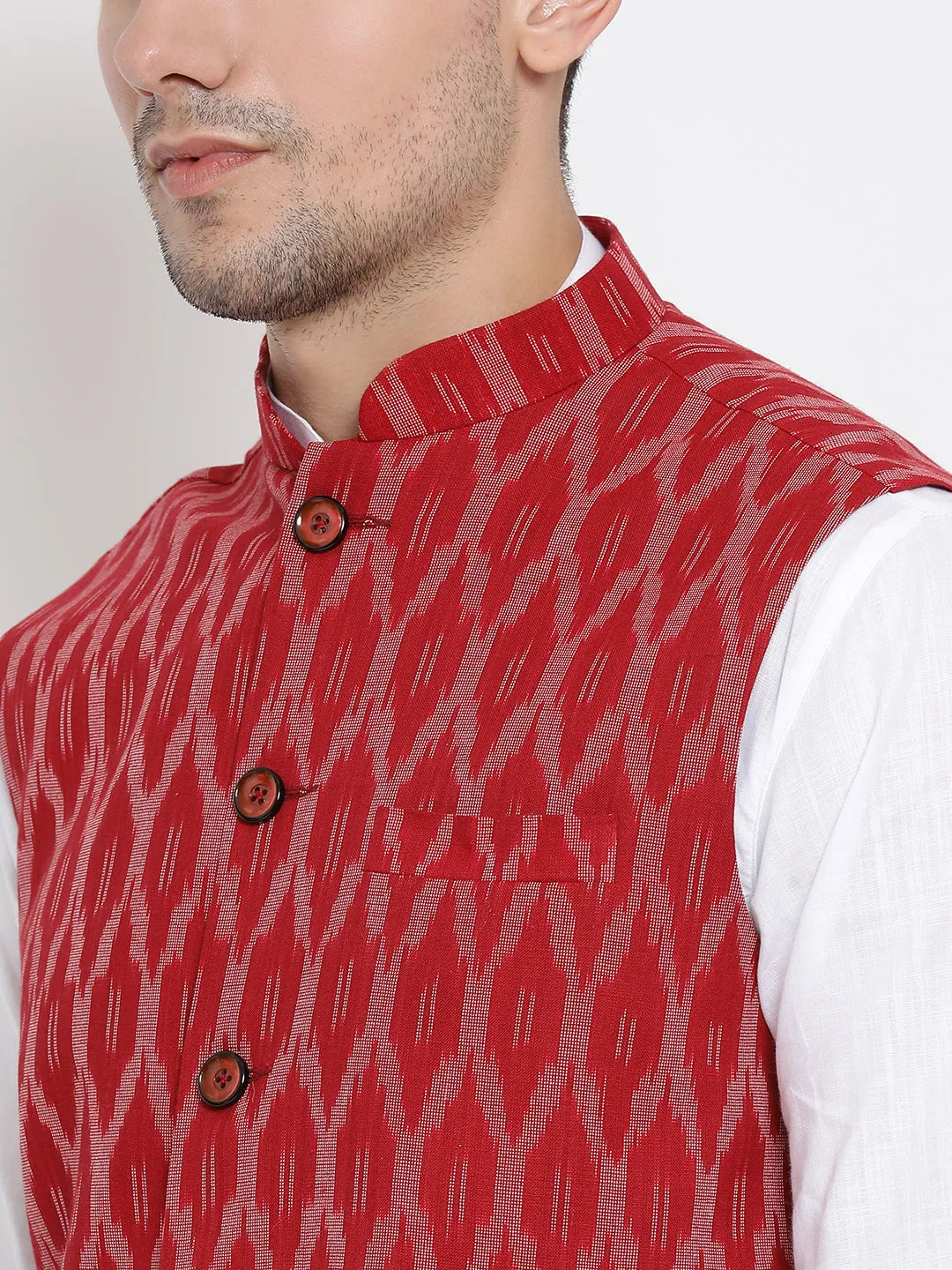 Jashvi Men's White Cotton Kurta, Maroon Ethnic Jacket and Pyjama Set