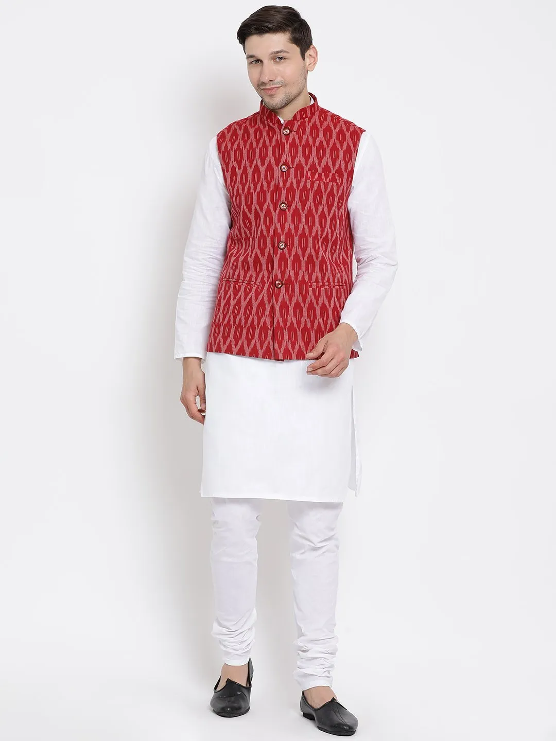 Jashvi Men's White Cotton Kurta, Maroon Ethnic Jacket and Pyjama Set