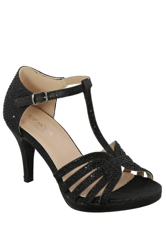 Jeweled T-Strap Heel in Black