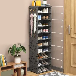 Kuber Industries Shoes Cabinet | 10-Tier Foldable Shoe Rack Organizer for Closet | Plastic Shoe Shelf Collapsible Shoes Storage Box | Easy Assembly Shoe Cabinet with Lids | JL1C10TBK | Black