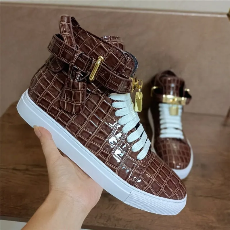 LuxeCroco Embossed High Top Designer Flat Sneakers