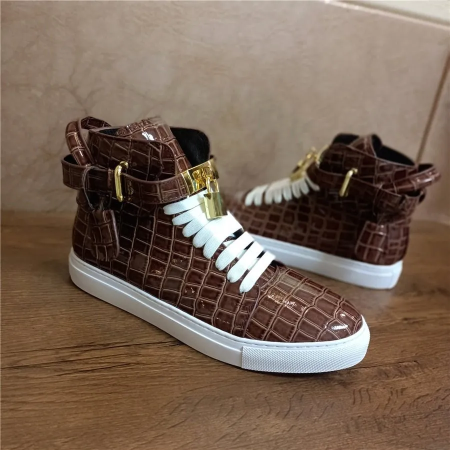 LuxeCroco Embossed High Top Designer Flat Sneakers