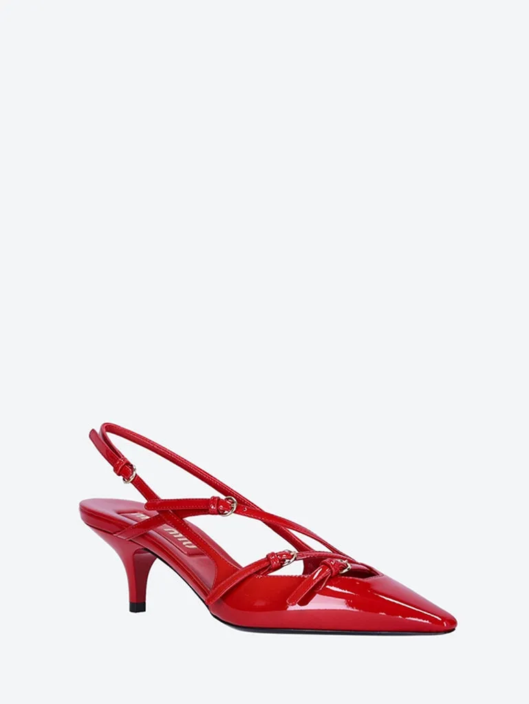 Open heel patent leather pumps