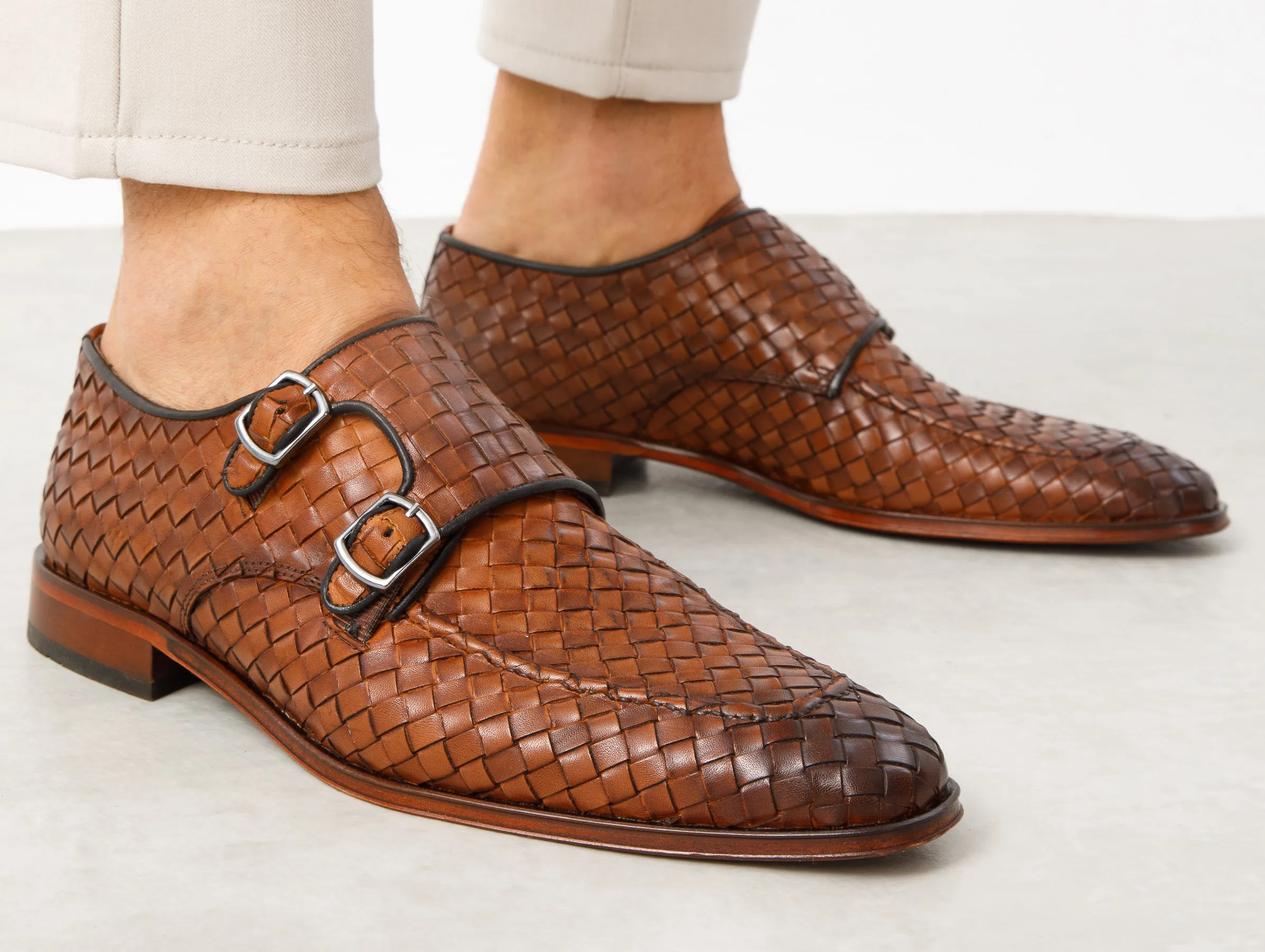 The Turan Brown Woven Double Monk Strap Dress Men Shoe