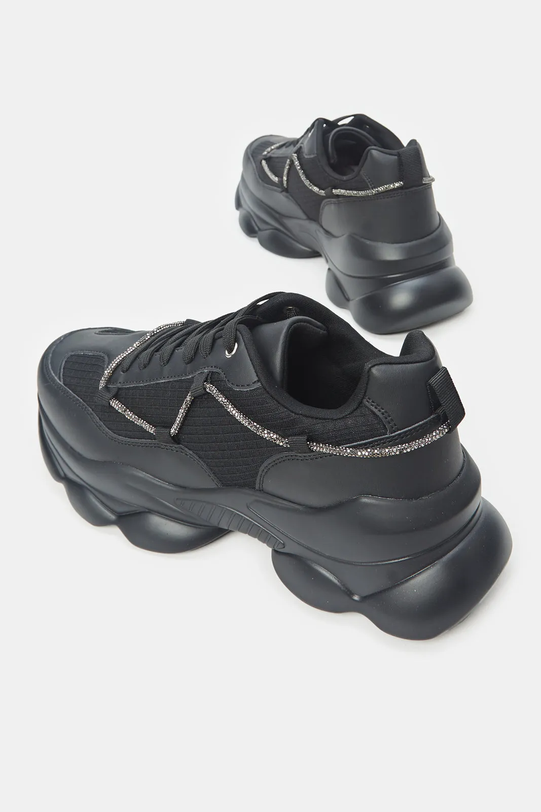 Women Black Chunky Trainer With Silver Trims