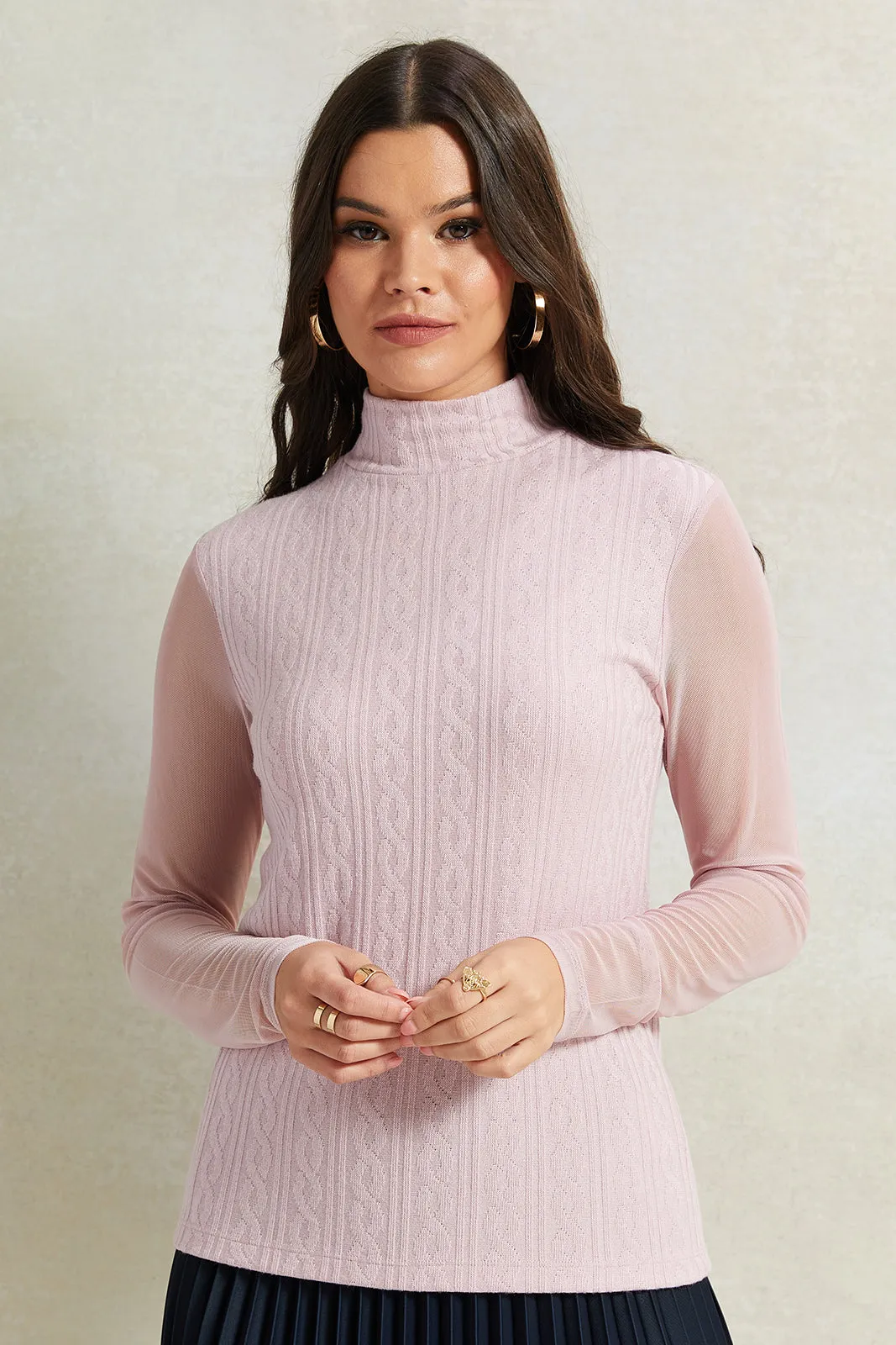 Women Mauve High Neck Jacquard Top