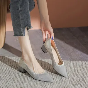 Women's Knit Pointed Toe Pumps Shallow Mouth Chunky Heel Office Shoes