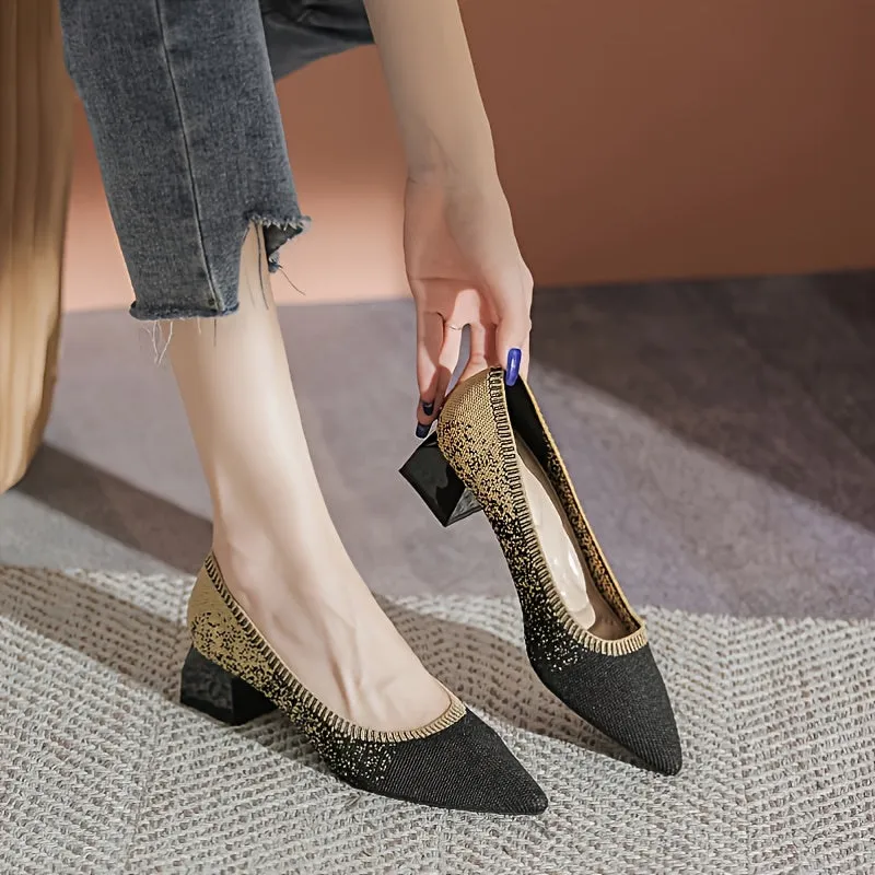 Women's Knit Pointed Toe Pumps Shallow Mouth Chunky Heel Office Shoes