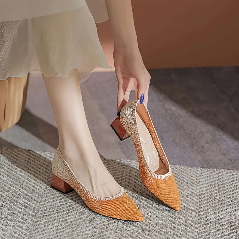 Women's Knit Pointed Toe Pumps Shallow Mouth Chunky Heel Office Shoes