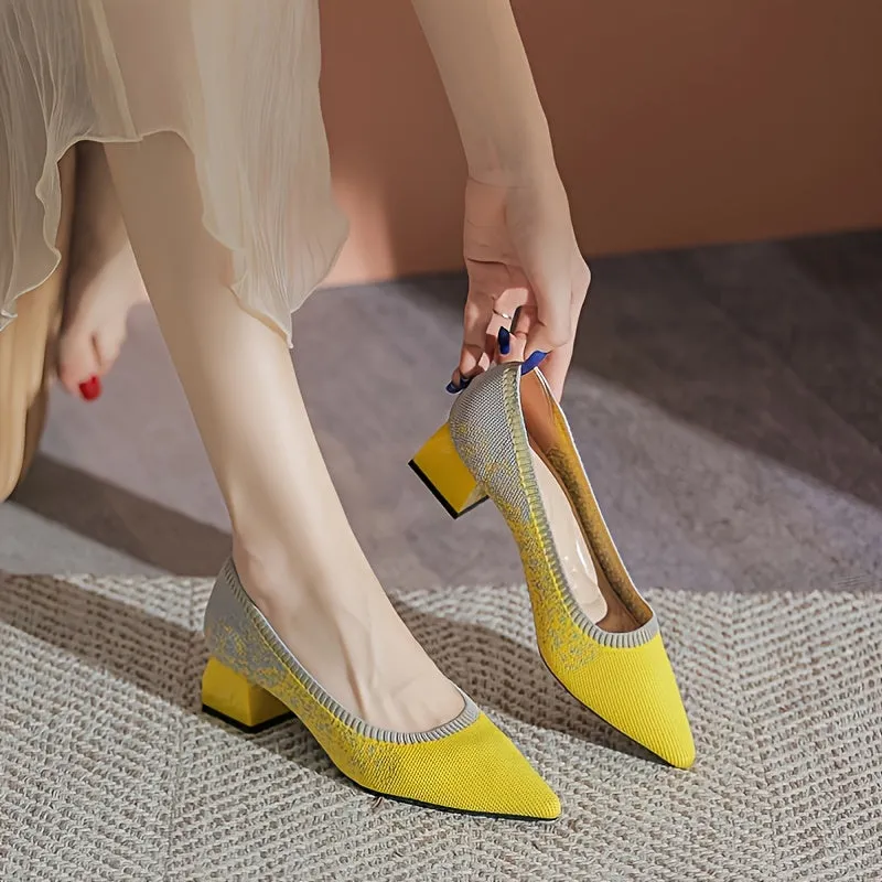 Women's Knit Pointed Toe Pumps Shallow Mouth Chunky Heel Office Shoes